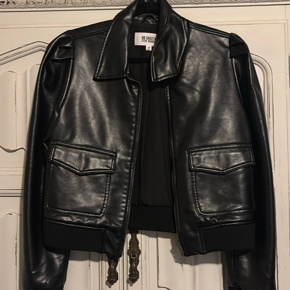 BB Dakota by Steve Madden Black Faux Leather Bomber Jacket